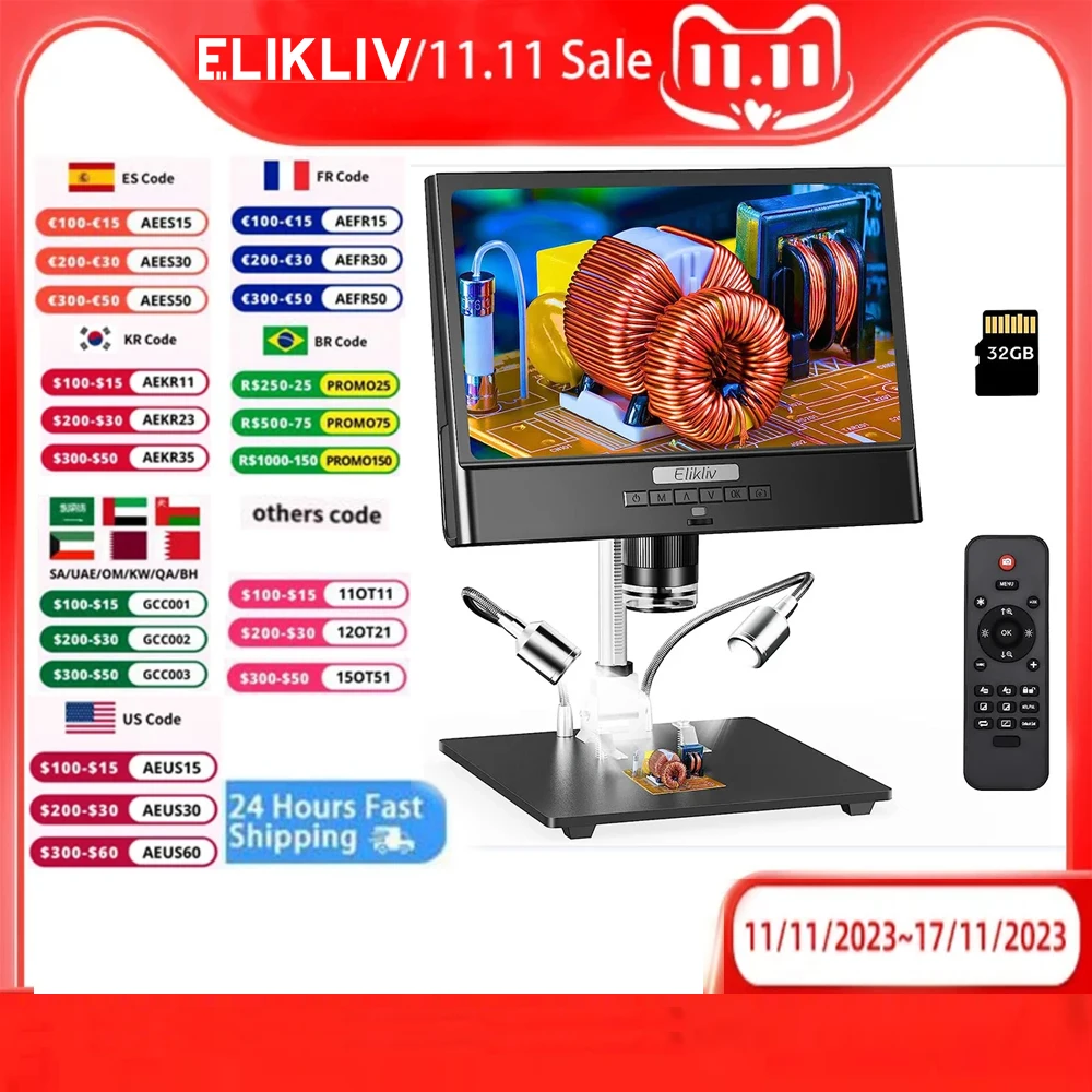 Elikliv EDM12 10'' LCD Digital Microscope 1300X 12MP Soldering Coin Microscope with Metal Stand Phone Watch Repair Tools 32GB
Elikliv EDM12 10'' LCD Digital Microscope 1300X 12MP Soldering Coin Microscope with Metal Stand Phone Watch Repair Tools 32GB