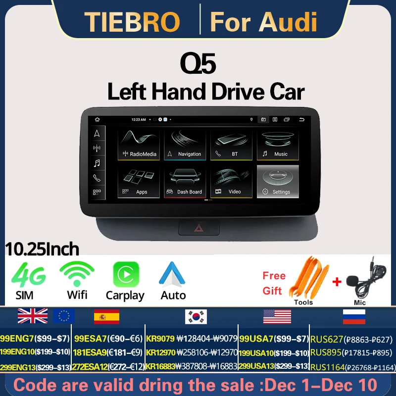 TIEBRO 10.25'' Car Radio 1280*480P For Audi Q5 2009-2016 LHD Carplay Multimedia Android 12.0 Player GPS Navigation Head Unit BT 
TIEBRO 10.25'' Car Radio 1280*480P For Audi Q5 2009-2016 LHD Carplay Multimedia Android 12.0 Player GPS Navigation Head Unit BT