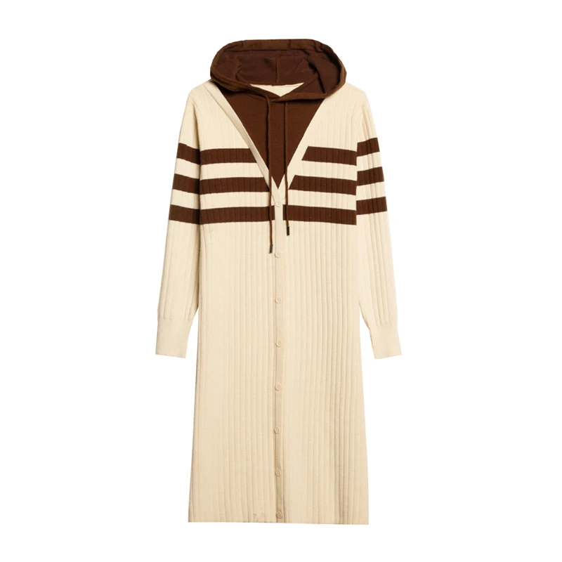

Women Hooded Knitting Dress Stripes Staight for Autumn Winter Female Casual Clothing Long Sweater Outwear Pullover 9810