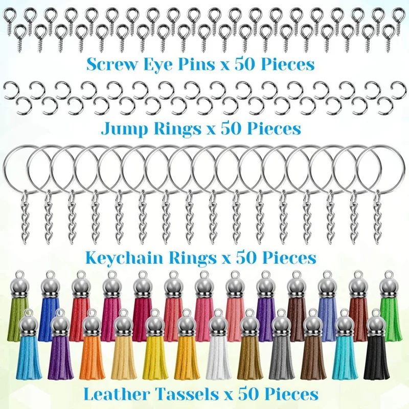 Key Chains Set Comes With 100 PCS Leather Tassels,100 PCS Keychain Rings,100 PCS Jump Rings And 100 PCS Screw Eye Pins
Key Chains Set Comes With 100 PCS Leather Tassels,100 PCS Keychain Rings,100 PCS Jump Rings And 100 PCS Screw Eye Pins