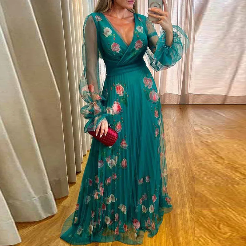 Spring Elegant V-neck Pleat Long Dress Women Casual Long Sleeve Floral Print Party Dress Office Elegant Lady Waist Mesh Dresses
Spring Elegant V-neck Pleat Long Dress Women Casual Long Sleeve Floral Print Party Dress Office Elegant Lady Waist Mesh Dresses