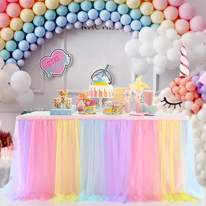 

6ft Rainbow Tulle Table Skirt for Wedding Birthday Rectangle Round Tutu Skirting Baby Shower Gender Reveal Cake Dessert Buffet