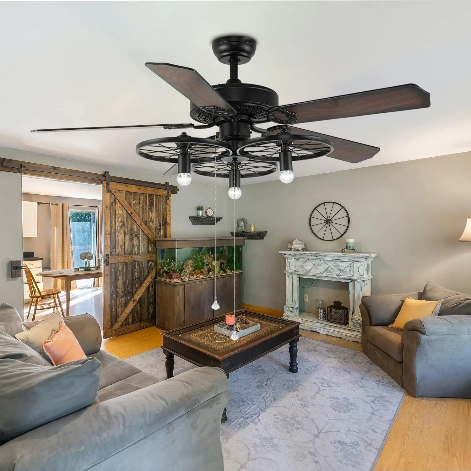 Ceiling Fan with Light and Remote Control, Industrial Farmhouse Ceiling Fans with 5 Brown Wooden Fan Blades and Retro Unique Whe
Ceiling Fan with Light and Remote Control, Industrial Farmhouse Ceiling Fans with 5 Brown Wooden Fan Blades and Retro Unique Whe
