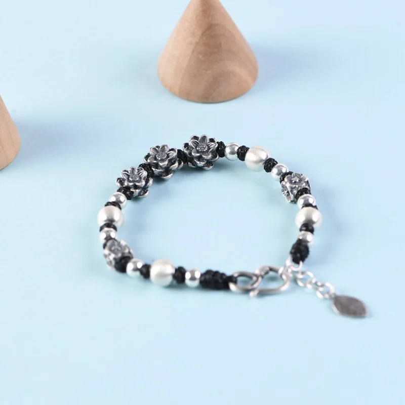 Pure S925 Silver Diy Hand-woven Wax Rope Bracelet Retro Craft Anemone Silver Bead Bracelets Women's Jewelry
Pure S925 Silver Diy Hand-woven Wax Rope Bracelet Retro Craft Anemone Silver Bead Bracelets Women's Jewelry