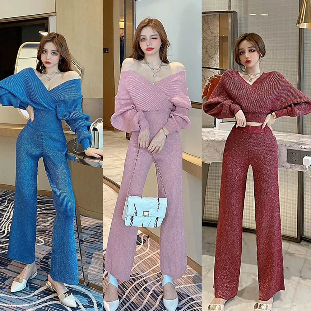 V Neck Sweater And Wide Leg Pant Set Sparkling 2 Piece Women Knitted Suit Batwing Sleeve Winter Fall New Style Elegant Tracksuit
V Neck Sweater And Wide Leg Pant Set Sparkling 2 Piece Women Knitted Suit Batwing Sleeve Winter Fall New Style Elegant Tracksuit