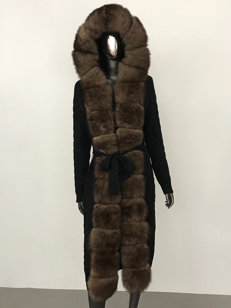 Кардиган женский вязаный со съемным натуральным лисьим мехом на шнуровке