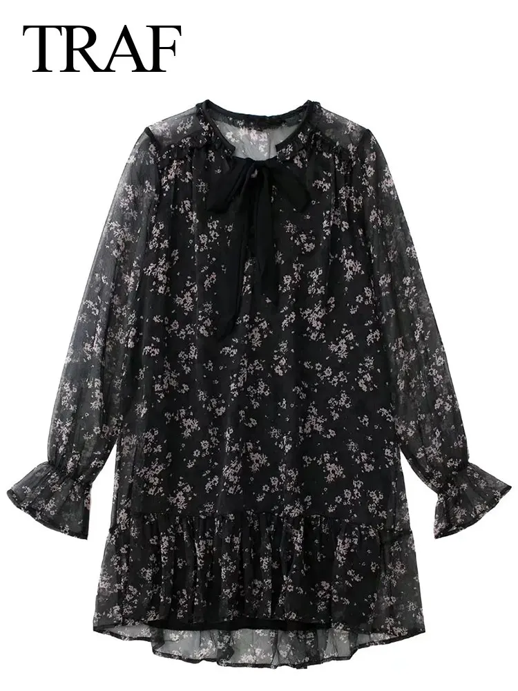 TRAF Women's Long Sleeve Mini Dress Chiffon Lace Up Bow Ruffle Hem Flared Cuffs Top Loose Party Elegant Fashion Ladies Clothing
TRAF Women's Long Sleeve Mini Dress Chiffon Lace Up Bow Ruffle Hem Flared Cuffs Top Loose Party Elegant Fashion Ladies Clothing