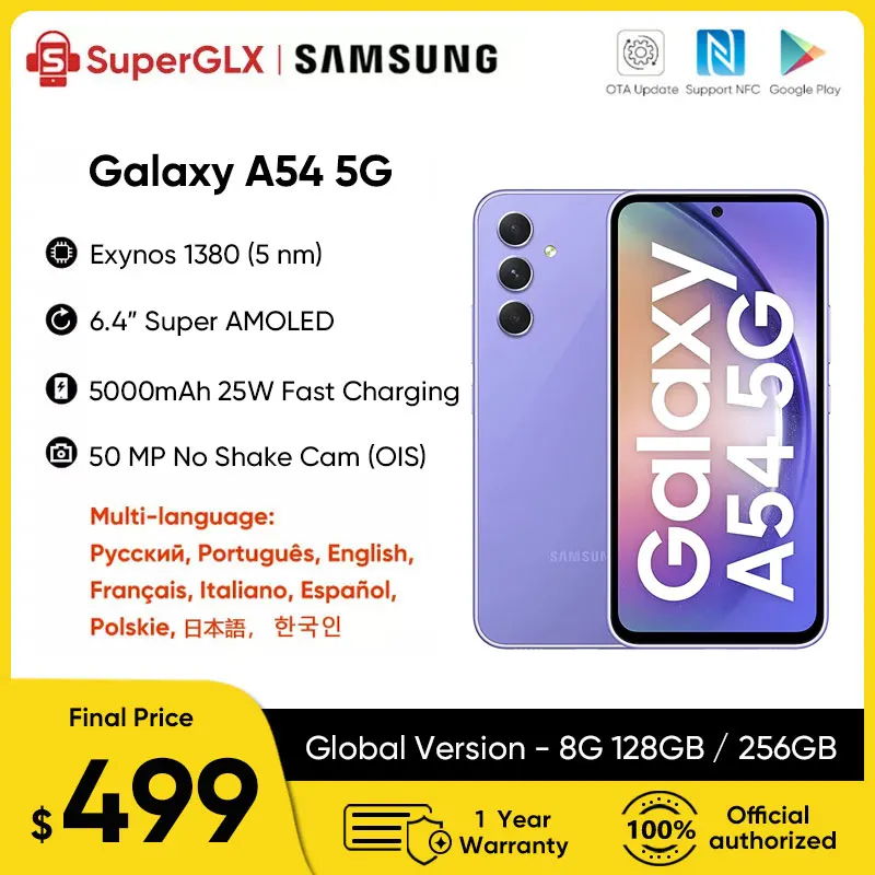 

2023 New Samsung Galaxy A54 5G Smartphone Exynos 1380 6.4" Super AMOLED 5000mAh Android 13 Triple 50MP Camera IP67 Mobile Phone