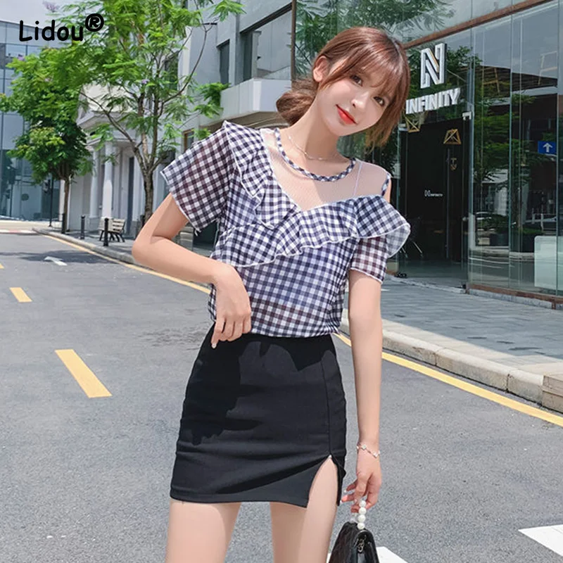 Thin Summer New Butterfly Ruffle O-neck Plaid Slim Short Sleeve Chiffon Casual Shirts Fashion Women Blouses 2022 Elegant Clothes
Thin Summer New Butterfly Ruffle O-neck Plaid Slim Short Sleeve Chiffon Casual Shirts Fashion Women Blouses 2022 Elegant Clothes