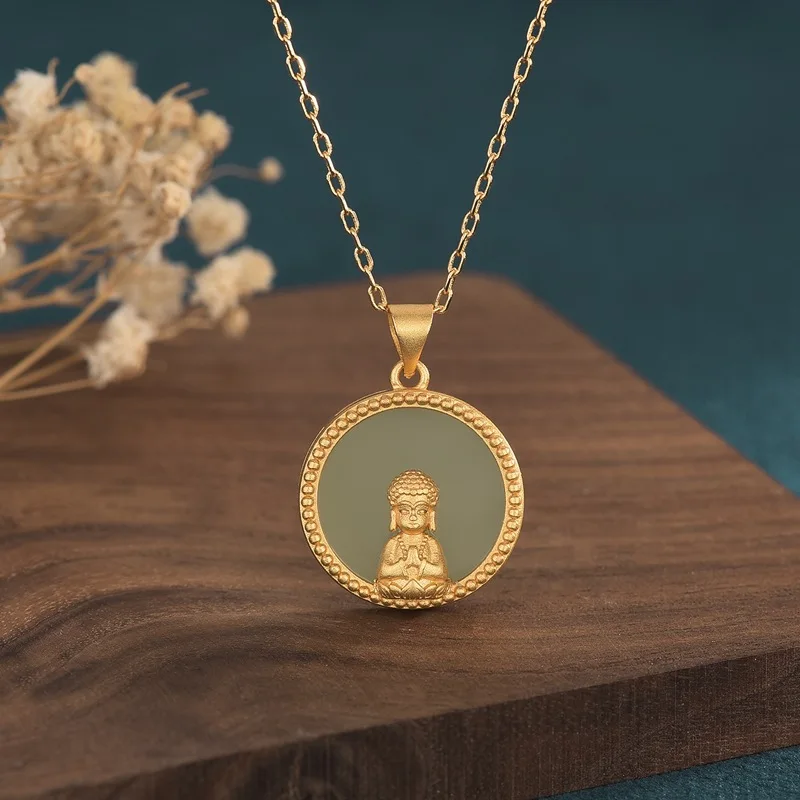 China Style Jewelry Religious Buddhism Gold Maitreya Buddha Pendant Hetian Jade Classical Necklaces for Men and Women 17*25MM 
China Style Jewelry Religious Buddhism Gold Maitreya Buddha Pendant Hetian Jade Classical Necklaces for Men and Women 17*25MM