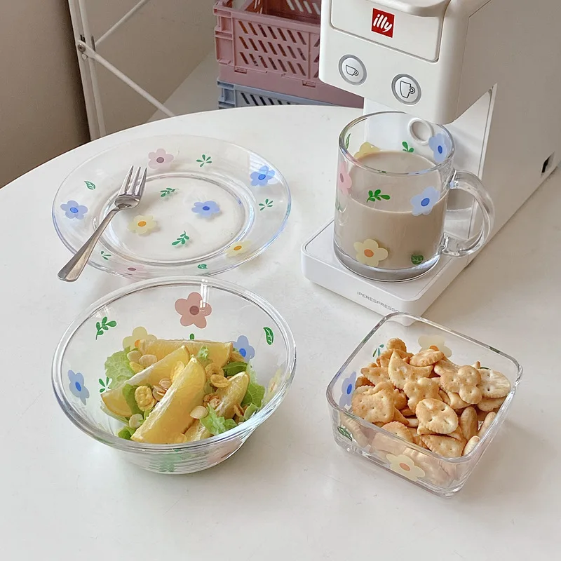 

Набор стеклянных столовых приборов в Корейском стиле, милая стеклянная посуда, чаша для завтрака, стеклянные чашки для фруктов, салата, набо...