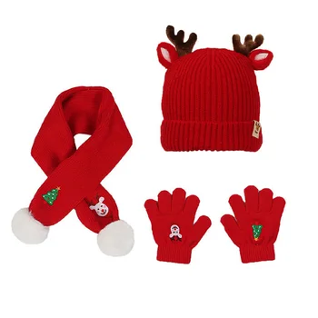 Baby Christmas Red Hats Scarf Gloves Set Cartoon Deer Tree Embroidery Boys Girls Beanie Cap Winter Neck Warmer Accessories Gifts