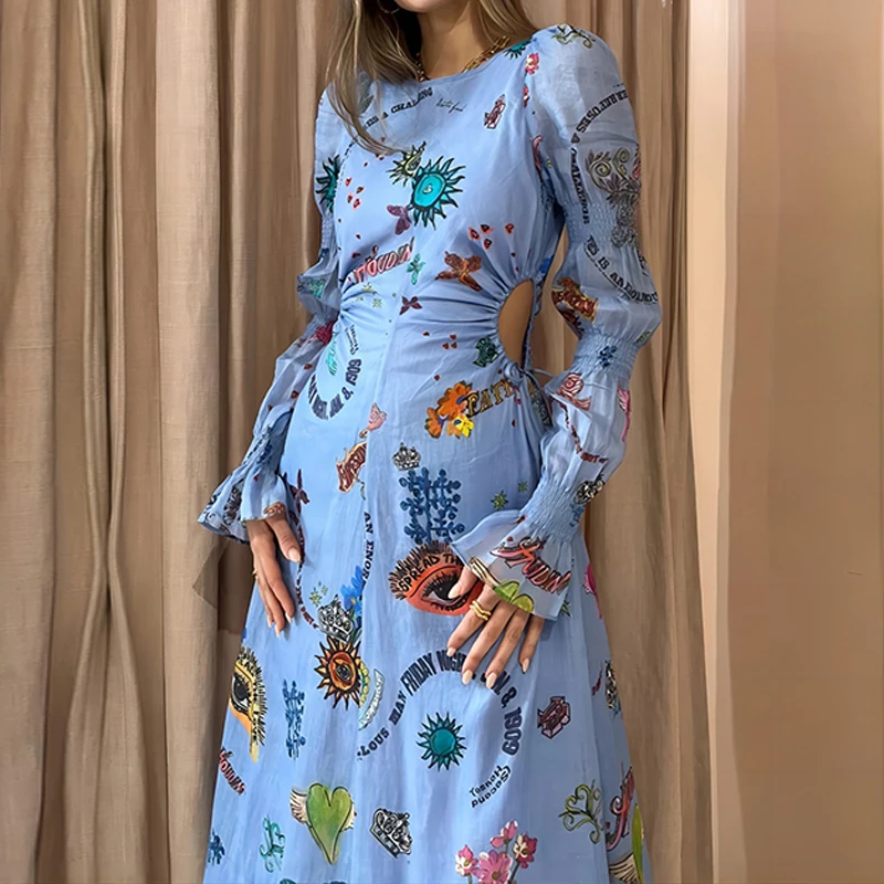 Ladies Slim Boho Party Maxi Dress Stylish Graffiti Print Lantern Sleeve Long Hollow Waist Dress Women Elegant O-Neck Sexy Dress
Ladies Slim Boho Party Maxi Dress Stylish Graffiti Print Lantern Sleeve Long Hollow Waist Dress Women Elegant O-Neck Sexy Dress