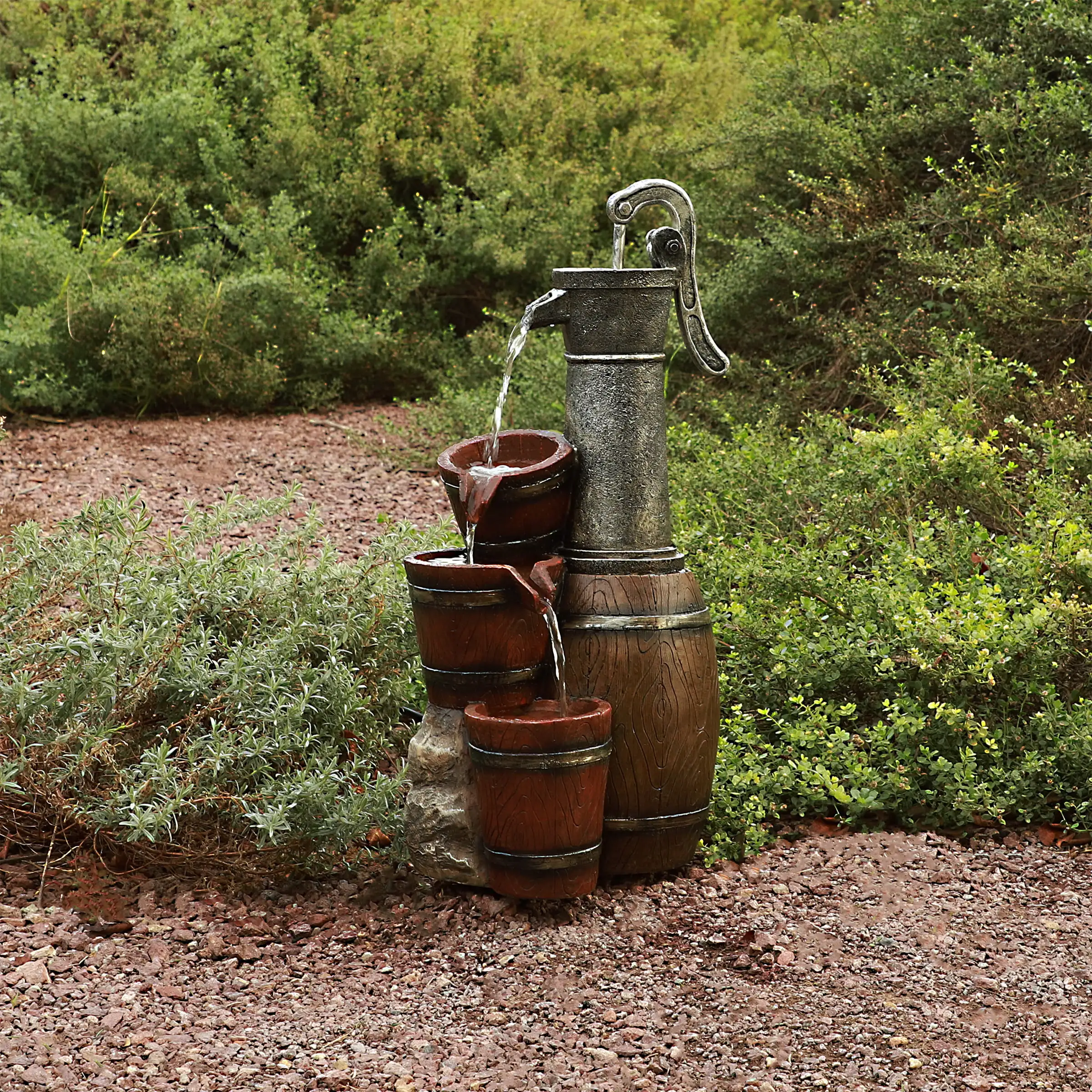 

Alpine Corporation Vintage Barrel Water Pump with Buckets Fountain, 24 Inch Tall