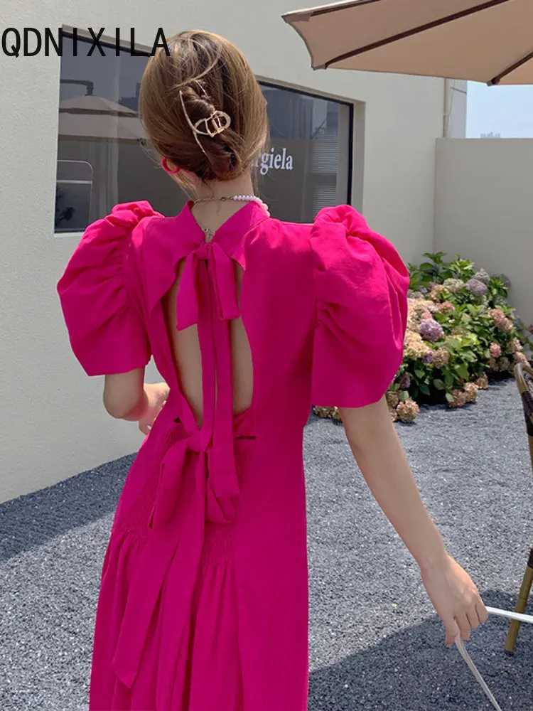 Spring and Summer New In Lace Up Puff Sleeve Open-back Dress Korean Fashion Temperament Cinched Waist To Show The Slender Skirt
Spring and Summer New In Lace Up Puff Sleeve Open-back Dress Korean Fashion Temperament Cinched Waist To Show The Slender Skirt