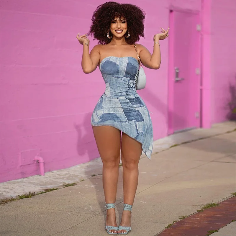European and American Dress for Women 2023 Summer New Denim Print Off Shoulder Drawstring Pleated Tie Wrap Buttocks Y2k Dress
European and American Dress for Women 2023 Summer New Denim Print Off Shoulder Drawstring Pleated Tie Wrap Buttocks Y2k Dress