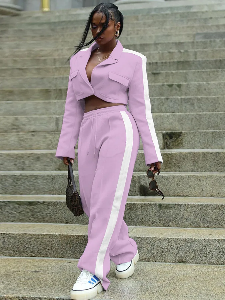 Active Wear Purple Color Block Women's Sport Suits Notched Neck Long Sleeve Blazer Top and Loose Baggy Trouser Female Tracksuits
Active Wear Purple Color Block Women's Sport Suits Notched Neck Long Sleeve Blazer Top and Loose Baggy Trouser Female Tracksuits