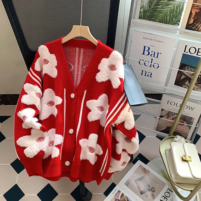 High Quality Flower Jacquard Knit Cardigan Female Loose Knitwear Women Sweater Coat Casual Pull Femme Red Cardigans
High Quality Flower Jacquard Knit Cardigan Female Loose Knitwear Women Sweater Coat Casual Pull Femme Red Cardigans