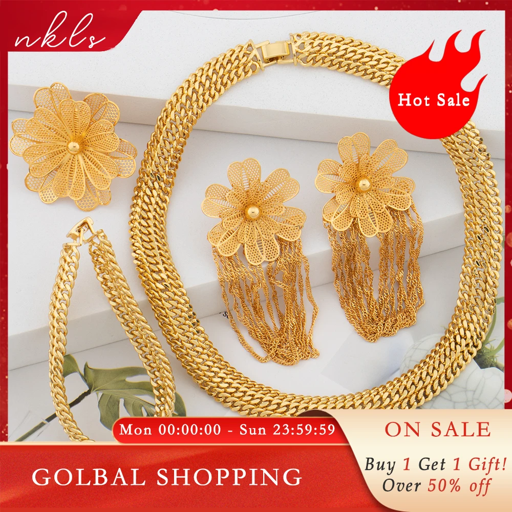 Dubai Gold Color Jewelry Set Fashion Thick Collar Bracelet Earrings Ring 4Pcs Set African Classic Bridal Jewellery Wedding Party
Dubai Gold Color Jewelry Set Fashion Thick Collar Bracelet Earrings Ring 4Pcs Set African Classic Bridal Jewellery Wedding Party