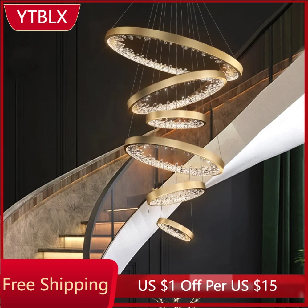 

Modern Ring Long Staircase Crystal Chandelier Luxury Villa Loft Duplex Hall Hanging Lamp FixturesDimmable Stainless Steel Gold