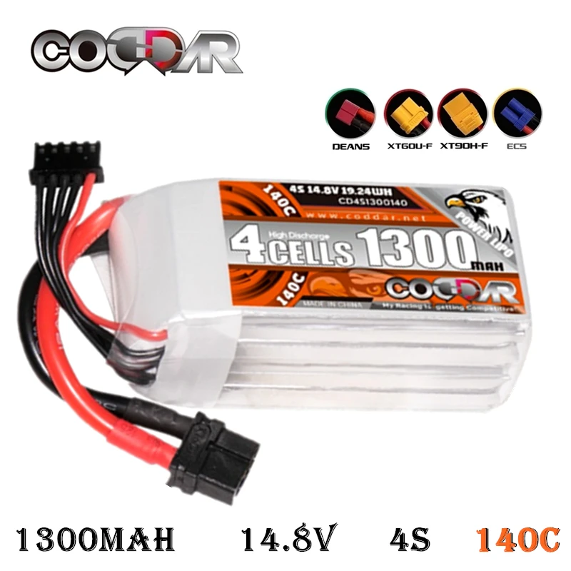 CODDAR Lipo Battery 4S 14.8V 1300mah 140C with T Deans XT60 XT150 Connector for RC Airplane FPV Drone Quadcopter Helicopter Boat
CODDAR Lipo Battery 4S 14.8V 1300mah 140C with T Deans XT60 XT150 Connector for RC Airplane FPV Drone Quadcopter Helicopter Boat