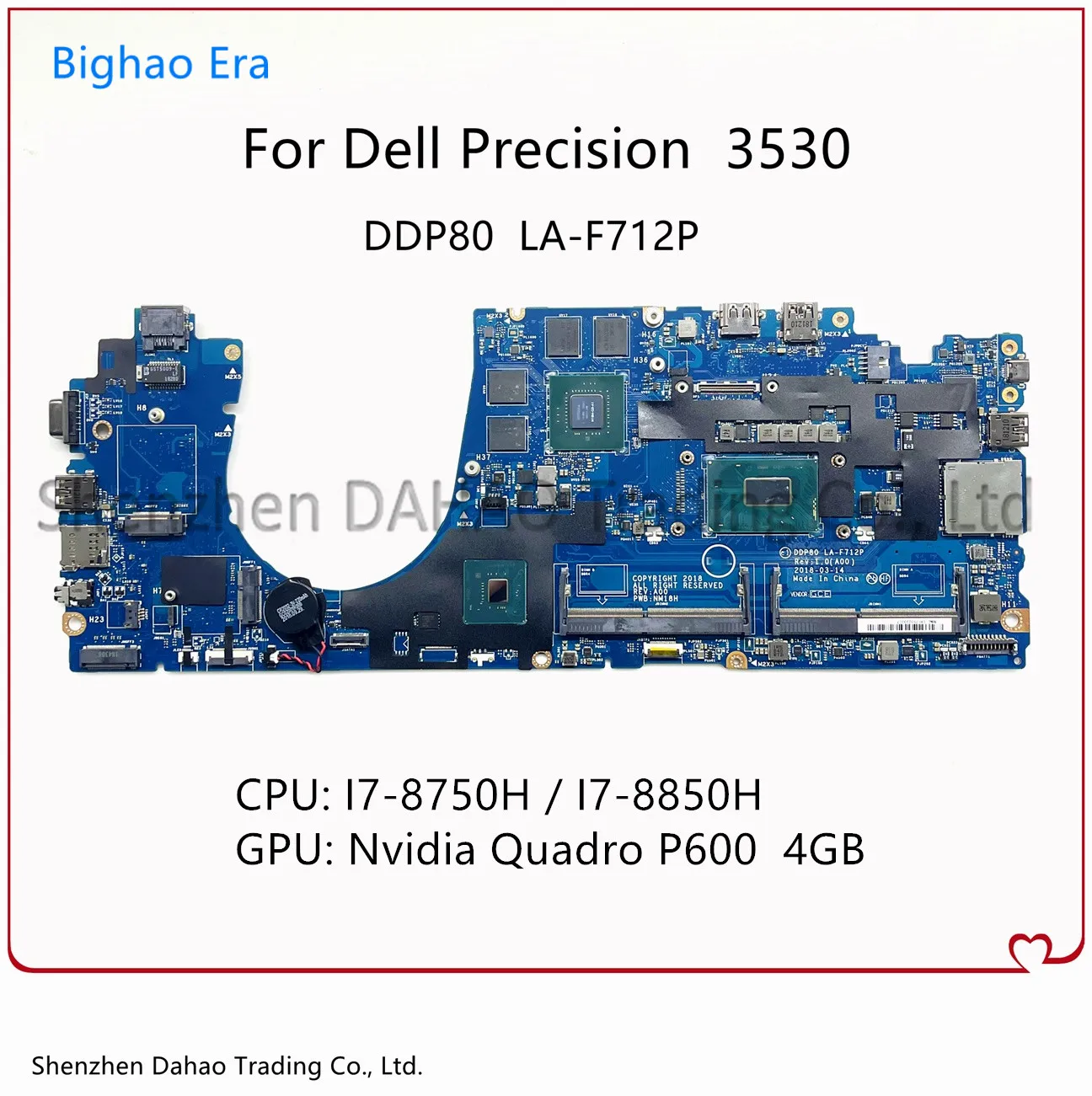 Материнская плата DDP80 для ноутбука Dell Precision 3530 с резьбой LA-F712P/8850H CPU Quadro P600 4G-GPU i7-8750H 0C38P6 0M1HK2
Материнская плата DDP80 для ноутбука Dell Precision 3530 с резьбой LA-F712P/8850H CPU Quadro P600 4G-GPU i7-8750H 0C38P6 0M1HK2