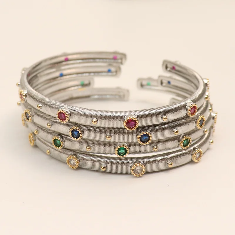 

Famous Italian Craft 925 Sterling Silver Gems Emerald Ruby Sapphire Cuff Wristband Bangle Gold Luxury Italian Designer Jewelry