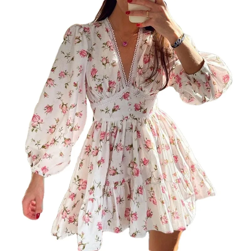 Vintage Women Summer Long Sleeve Dress for Floral Print Ruffles V Neck High Waist A-Line Mini Cocktail Vestidos 
Vintage Women Summer Long Sleeve Dress for Floral Print Ruffles V Neck High Waist A-Line Mini Cocktail Vestidos