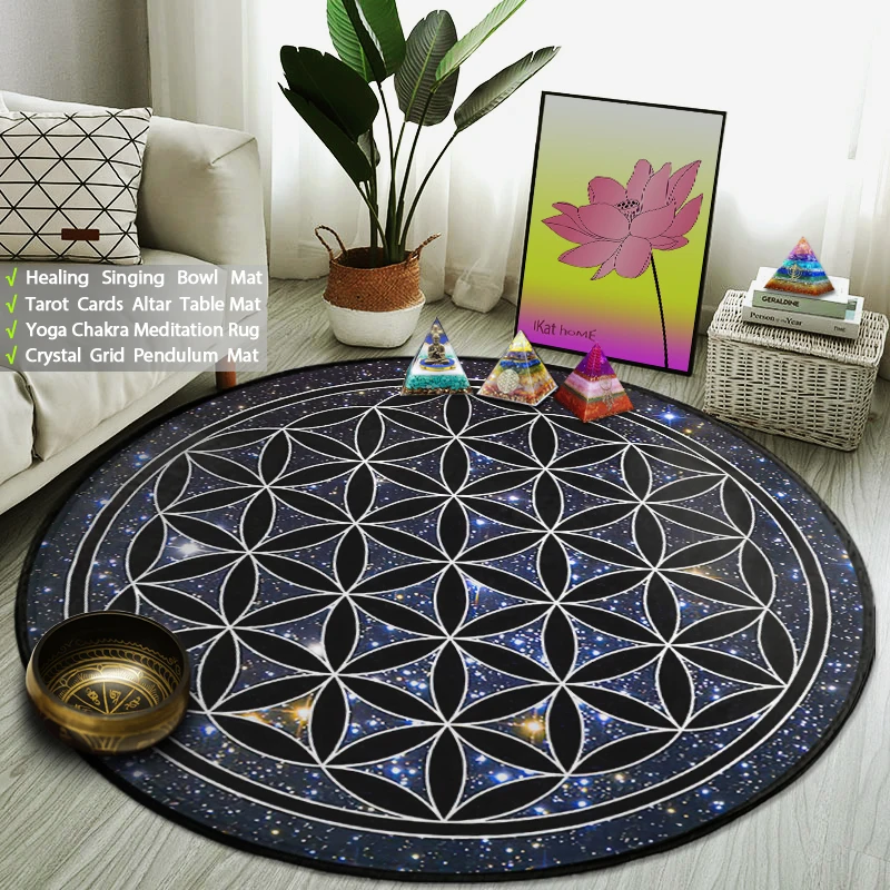 

Flower Of Life Round Rug Psychedelic Starry Night Galaxy Carpet Yoga Meditation Mat Reiki Magic Tarot Altar Oracle Card Pads