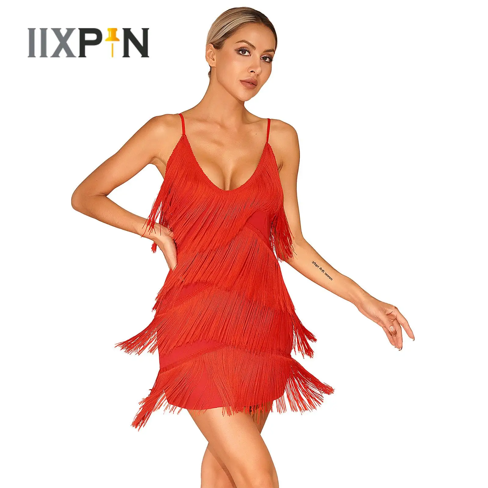 

Women Tiered Tassel Latin Dance Dress Spaghetti Strap Deep V Neck Fringed Dresses Cocktail Party Ballroom Jazz Cha-cha Dancewear