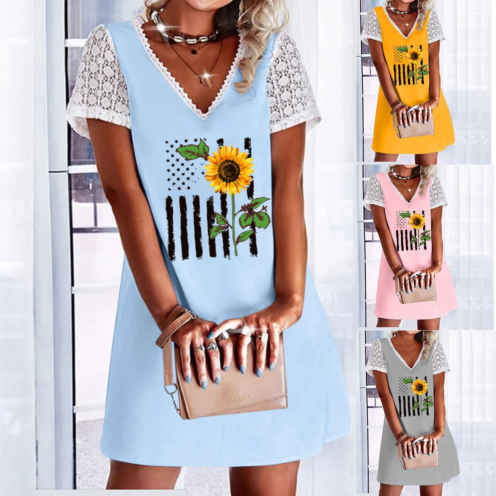 Summer Dress Women 2022 Casual V Neck Sunflowers Print Lace Splice Short Sleeve A Line Mini Dress Beach Casual Sundress Vestidos
Summer Dress Women 2022 Casual V Neck Sunflowers Print Lace Splice Short Sleeve A Line Mini Dress Beach Casual Sundress Vestidos