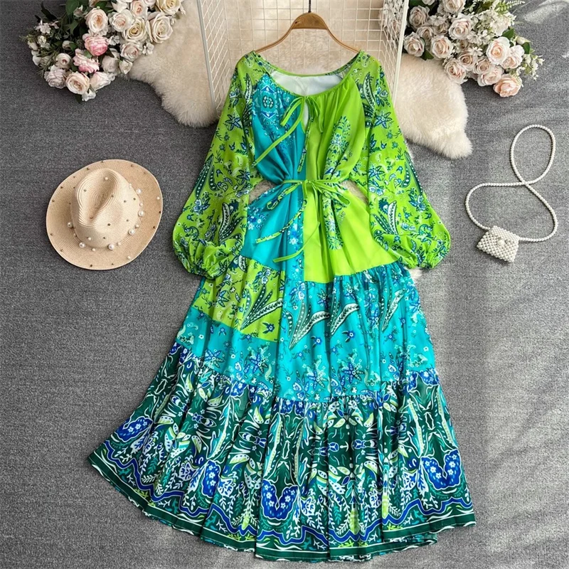 Elegant Mid-length Contrast Color Flower Print Dress Women Fashion Long-sleeve Round Neck Waist Lace-up Summer Ladies Dresses
Elegant Mid-length Contrast Color Flower Print Dress Women Fashion Long-sleeve Round Neck Waist Lace-up Summer Ladies Dresses