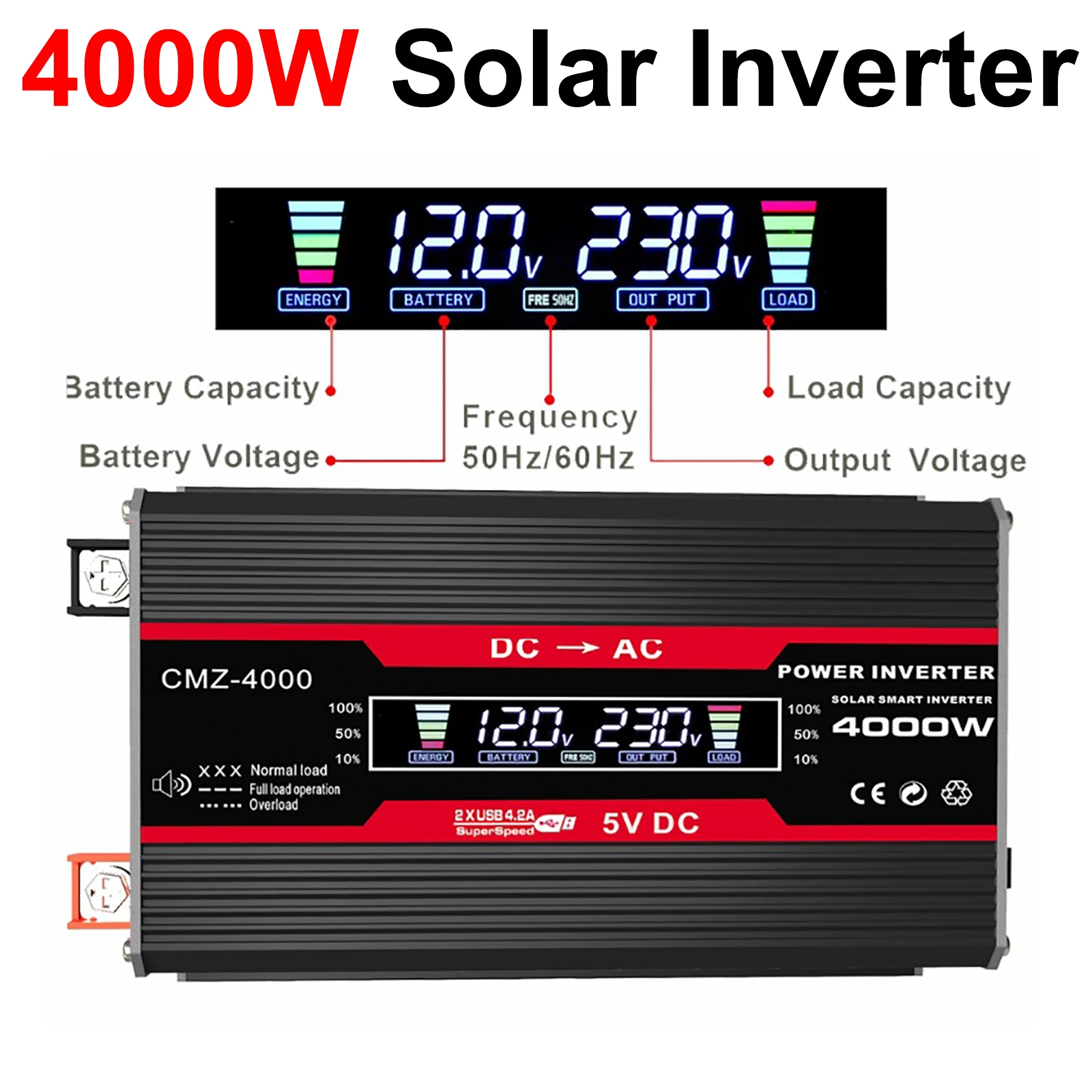 4000W LCD Display Solar Power Inverter 12V To 110V/220V Dual USB Fast Charge Modified Sine Wave Solar Inverter Power Converter
4000W LCD Display Solar Power Inverter 12V To 110V/220V Dual USB Fast Charge Modified Sine Wave Solar Inverter Power Converter