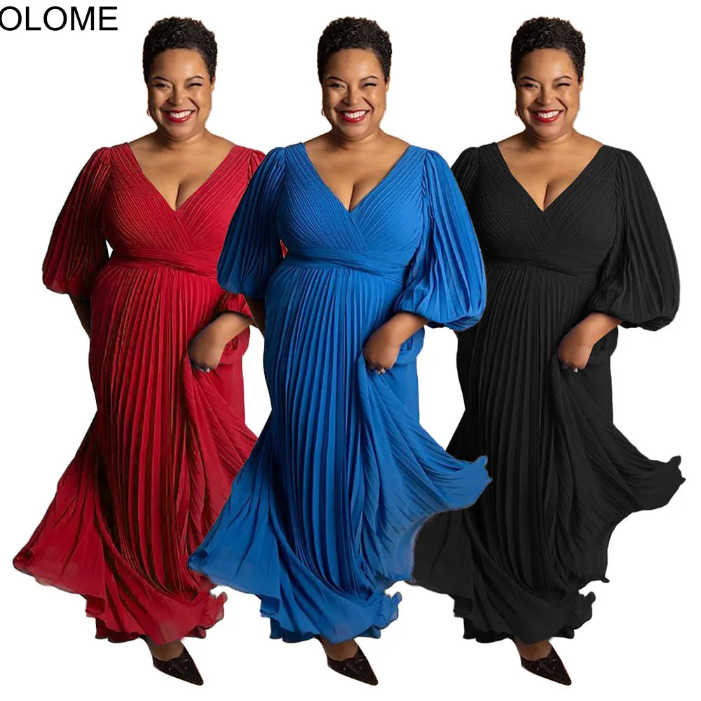 Charming Pleats Women Evening Party Dress Plus Size 4XL V Neck Lantern Sleeves Elegant Ladies Casual Dresses Wholesale Autumn 
Charming Pleats Women Evening Party Dress Plus Size 4XL V Neck Lantern Sleeves Elegant Ladies Casual Dresses Wholesale Autumn