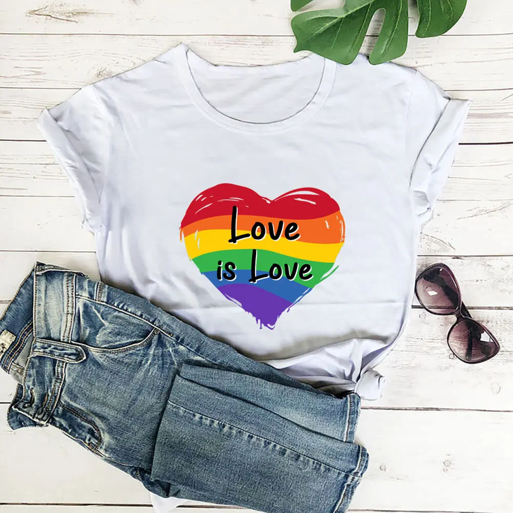 

Рубашка с надписью Love Is Love, Новое поступление, 100% хлопковая футболка с радужным сердцем, забавная Летняя Повседневная футболка унисекс с кор...