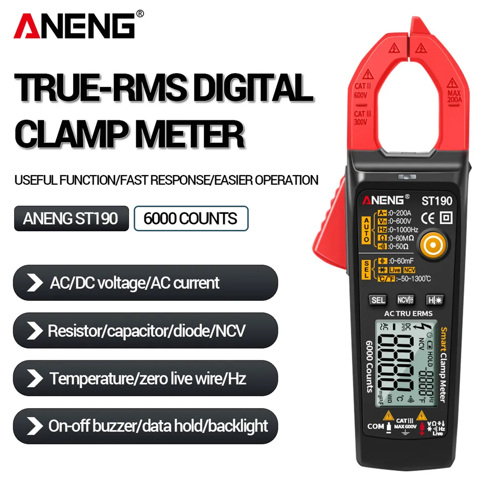 ANENG ST190 Professional Digital Multimeter Clamp Meter 6000 Counts True Auto RMS Digital AC Current Tester Voltmeter Meters
ANENG ST190 Professional Digital Multimeter Clamp Meter 6000 Counts True Auto RMS Digital AC Current Tester Voltmeter Meters