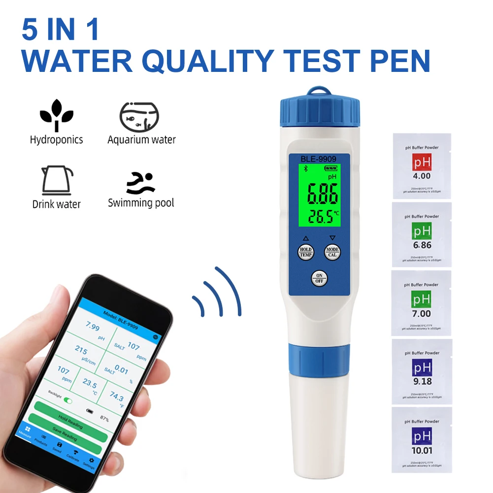 5 in 1 Bluetooth tds water meter EC TDS Salinity TEMP ph meter digital Water tester with APP Control for measuring instruments
5 in 1 Bluetooth tds water meter EC TDS Salinity TEMP ph meter digital Water tester with APP Control for measuring instruments
