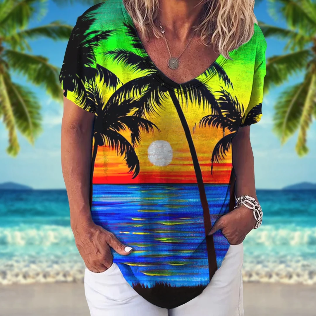 Hot Selling Seaside Scenery Coconut Tree Pattern 3D Printing Fashion Trend T-Shirt Women's V-neck Temperament Short Sleeve
Hot Selling Seaside Scenery Coconut Tree Pattern 3D Printing Fashion Trend T-Shirt Women's V-neck Temperament Short Sleeve