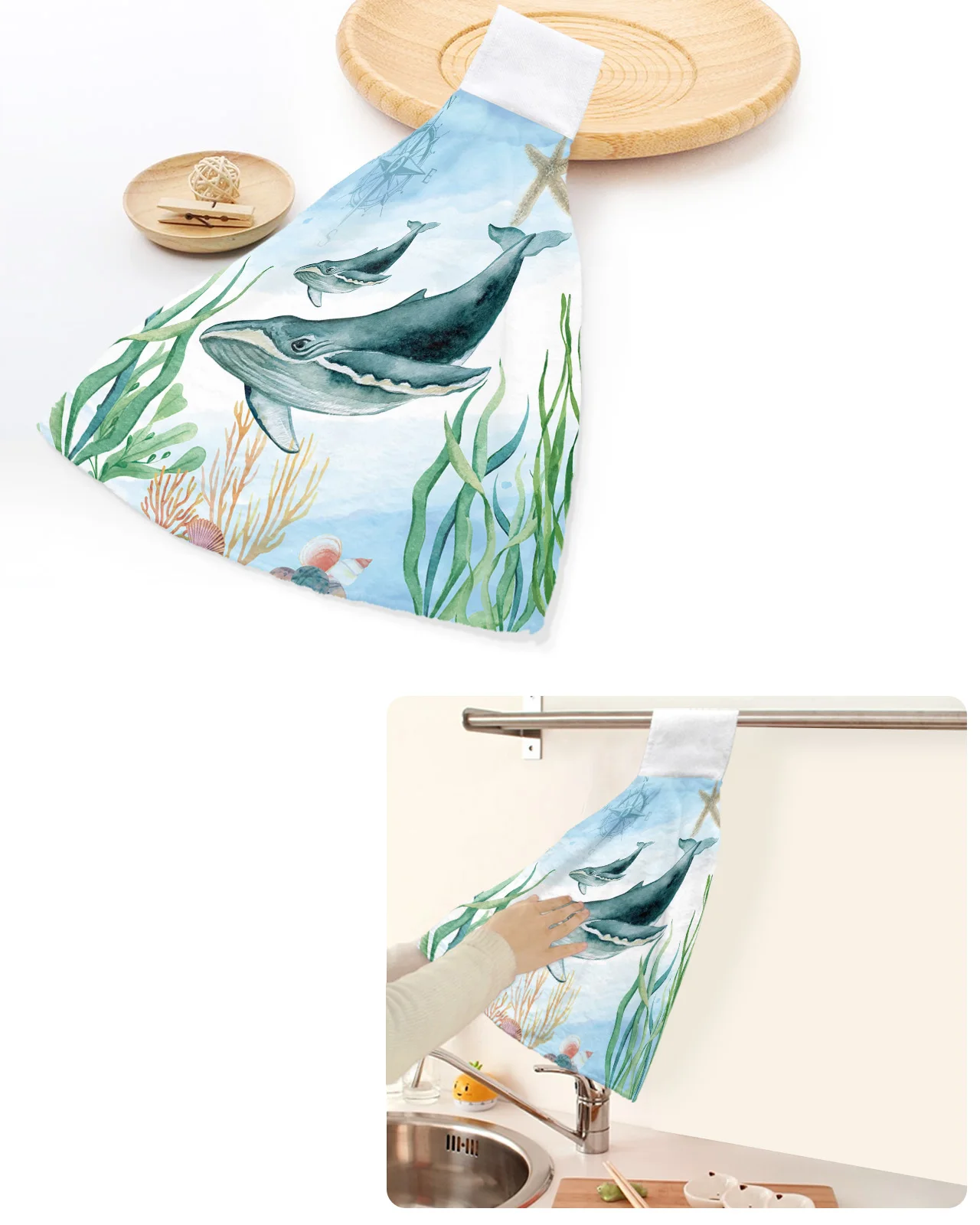 

Marine Theme Animal Whale Starfish Hand Towels Home Kitchen Bathroom Hanging Dishcloths Loops Soft Absorbent Custom Wipe Towel