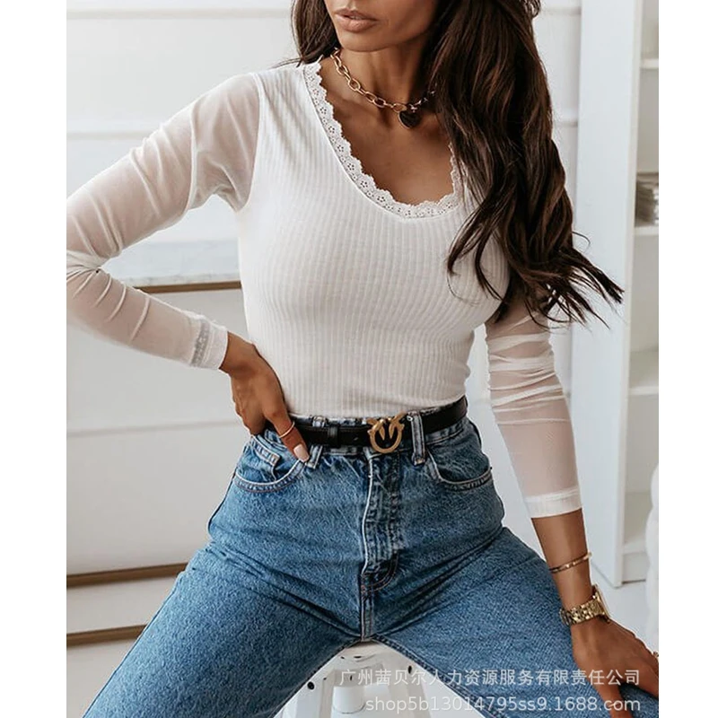 Women's T-shirt Top Summer Sexy Fashion Solid Color Slim Lace Pullover T-shirt Women Casual Long Sleeve O-Neck Stitching T-shirt
Women's T-shirt Top Summer Sexy Fashion Solid Color Slim Lace Pullover T-shirt Women Casual Long Sleeve O-Neck Stitching T-shirt