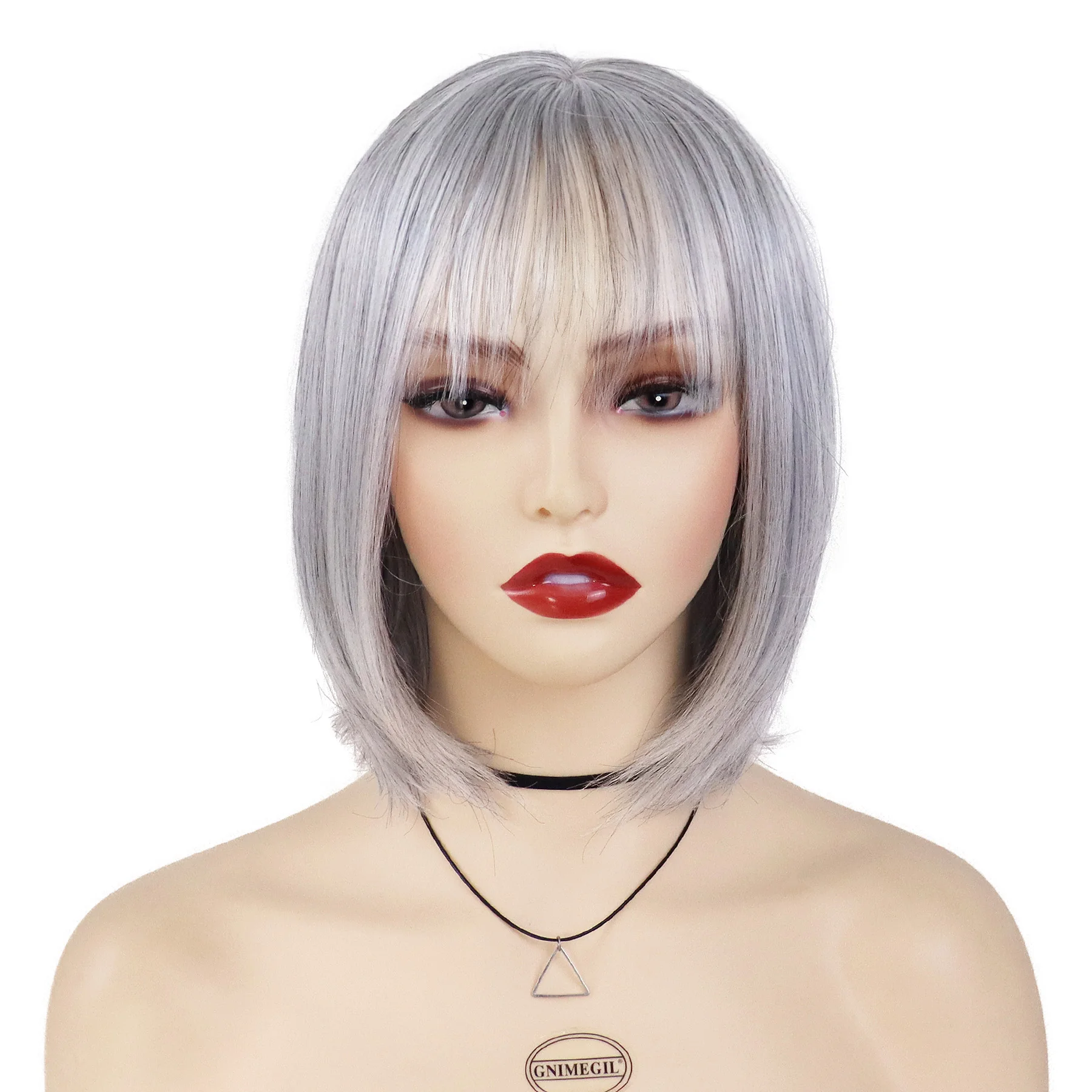 

GNIMEGIL Synthetic Wigs for Women Silver Grey Hair Cosplay Short Bob Wig with Bang Natural Old Lady Wig Costume Straight Haircut