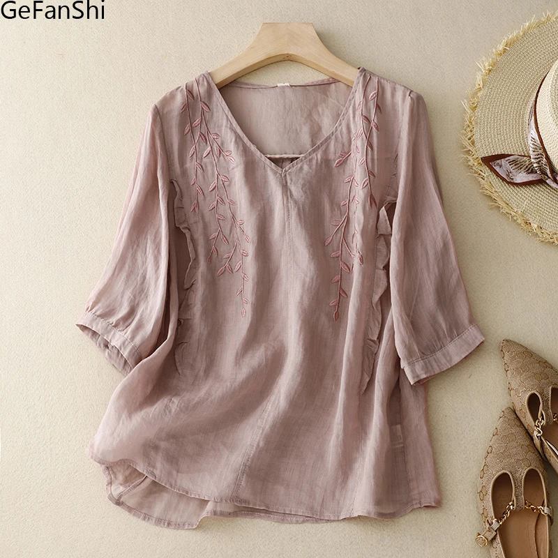Блузка женская однотонная с V-образным вырезом, шикарная модная рубашка из хлопка и льна с вышивкой, Свободная Повседневная тонкая рубашка, лето 2023 
Блузка женская однотонная с V-образным вырезом, шикарная модная рубашка из хлопка и льна с вышивкой, Свободная Повседневная тонкая рубашка, лето 2023