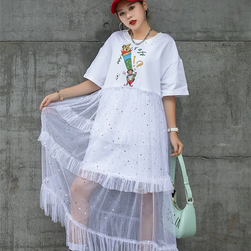 Super Fairy Dresses 2022 New Summer Design Mesh Patchwork Fake Two Piece O-neck Short Sleeve Mid-long Trendy Loose Tees Dress
Super Fairy Dresses 2022 New Summer Design Mesh Patchwork Fake Two Piece O-neck Short Sleeve Mid-long Trendy Loose Tees Dress