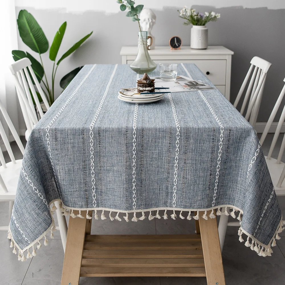 

Nordic Christmas Tablecloth Blue Hollow Embroidered Jacquard Striped Rectangle Table cloth Cotton Linen Dining Table Cover Decor