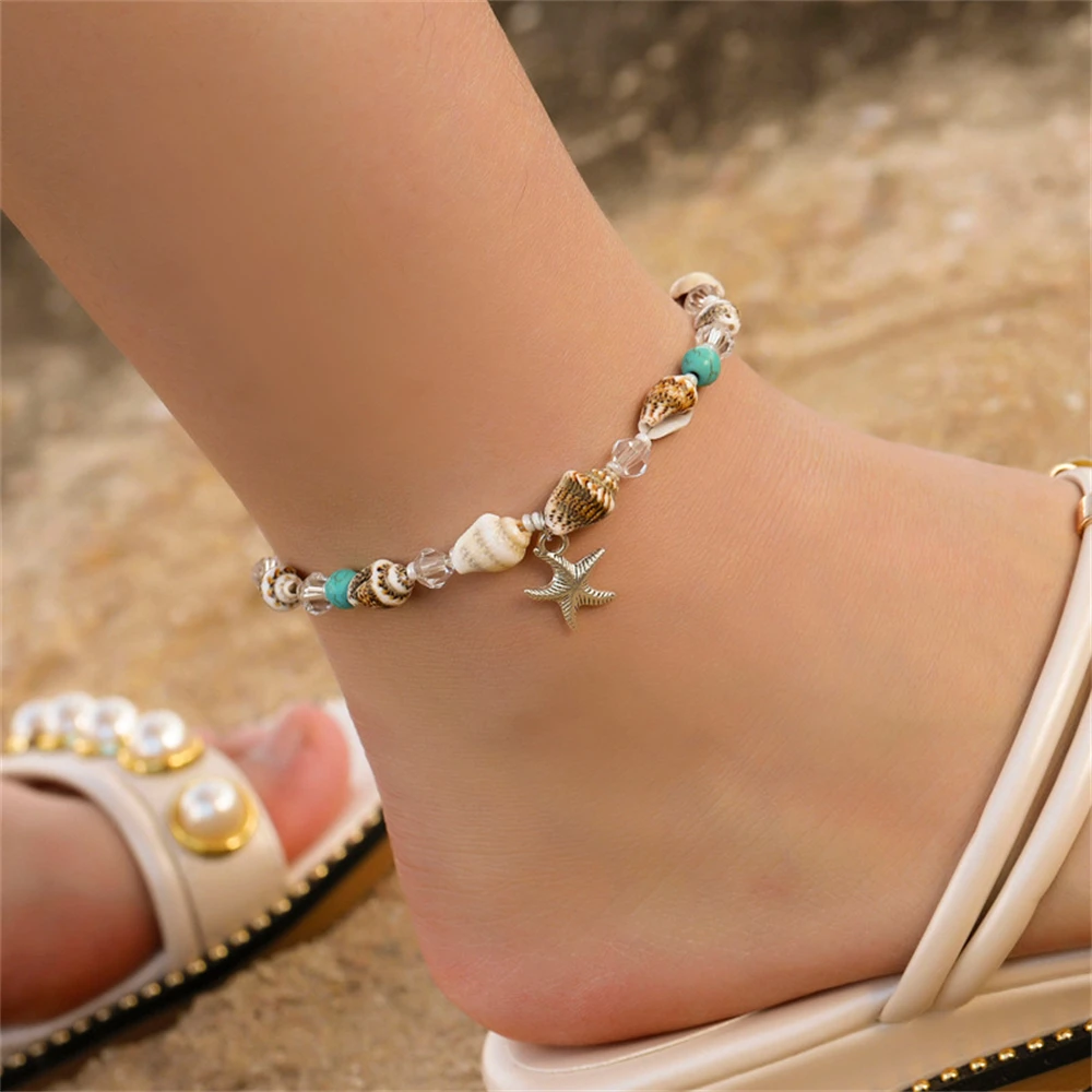 

Bohemian Shell Beads Starfish Charm Anklets for Women Beach Anklet Turquoise Crystal Bracelet Metal Foot Chain Boho Jewelry