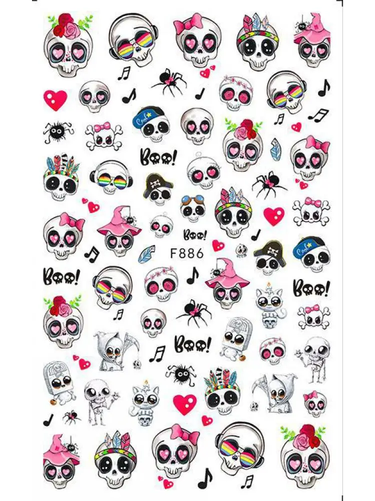 

1Pcs Cute Cartoon Skull Nail Stickers Spooky Halloween Decoration Ghost Bat Evil Pumpkin Sliders For Manicure Blood Nail Decal