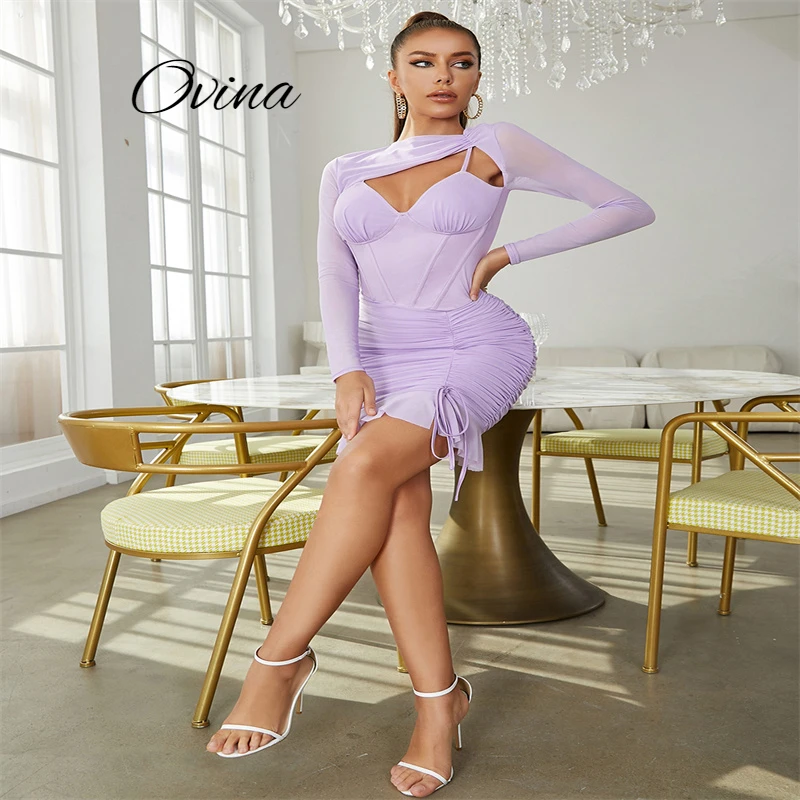 Autumn Women's Light Purple Long Sleeve Mesh Above Knee Chic V-neck Pleated Tight Fishtail Sexy Mini Dress
Autumn Women's Light Purple Long Sleeve Mesh Above Knee Chic V-neck Pleated Tight Fishtail Sexy Mini Dress