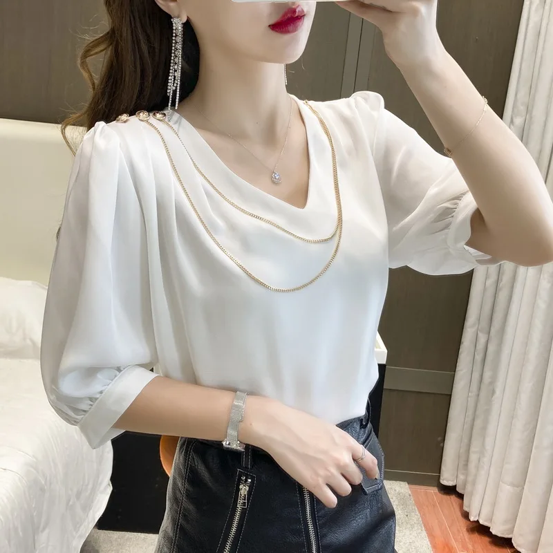 Women's Blouse Chiffon Top Casual Fashion Short Sleeve V-neck Shirt Summer Solid Color New Female Clothing
Women's Blouse Chiffon Top Casual Fashion Short Sleeve V-neck Shirt Summer Solid Color New Female Clothing