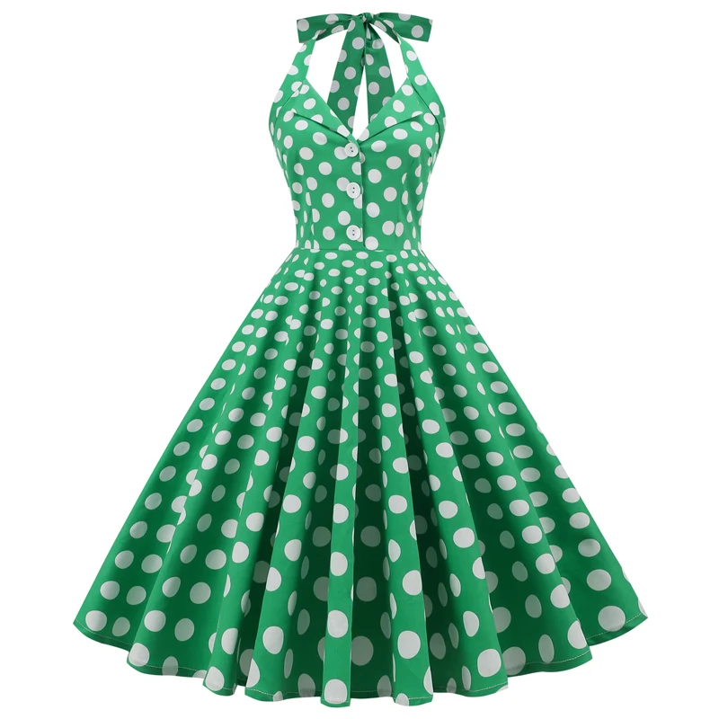 

2022 sexy Women Summer Fashion Halter Plaid Polka Dot Printed Backless Vintage retro rockabilly pin up skater new dress