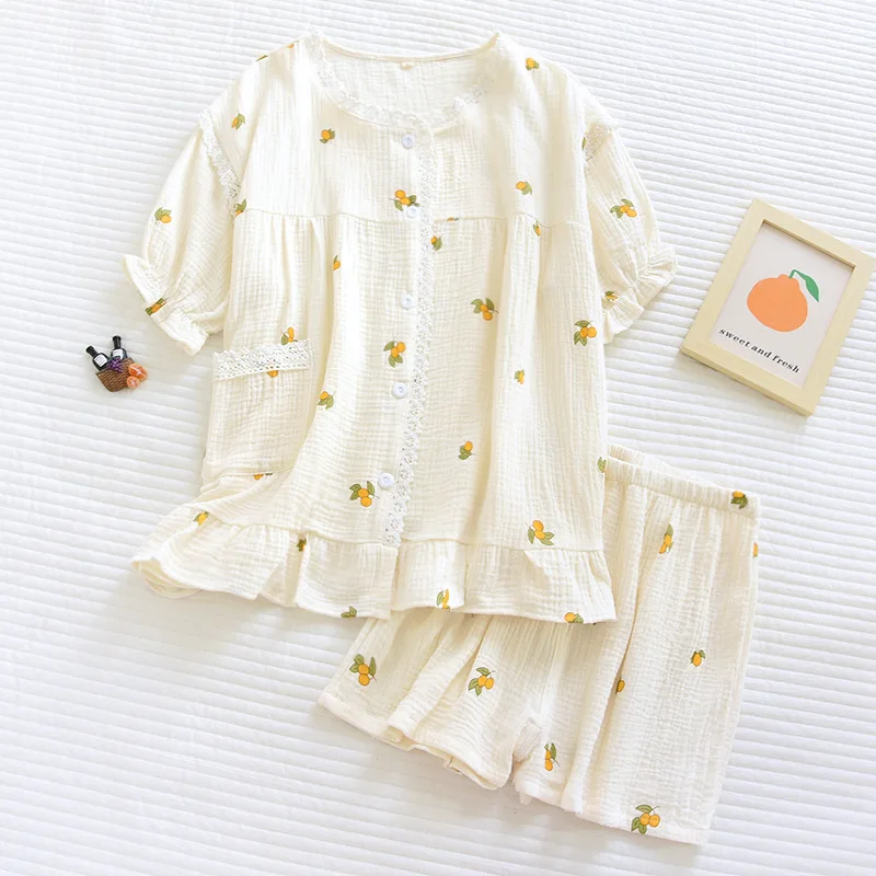 Crepe Cotton Short-sleeved Shorts Pajamas Set Women's Round Neck Cardigan Home Clothes Soft Gauze Set Women Casual Soft 2 Pieces
Crepe Cotton Short-sleeved Shorts Pajamas Set Women's Round Neck Cardigan Home Clothes Soft Gauze Set Women Casual Soft 2 Pieces